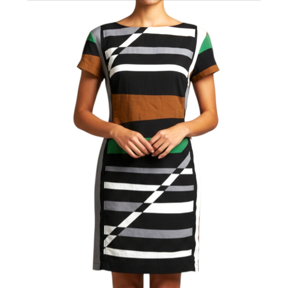 DEREK LAM DRESS Graphic Surf Parrot COLORBLOCK STRIPE Linen Sheath Cocktail SZ 2